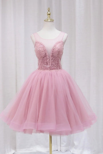 Pink A Line Round Neck Short Prom Dresses Homecoming Dresses with Beadings HZ1023